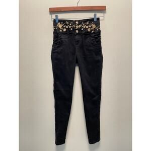 Vintage Juniors Skinny Jeans Size 1 Black Floral Embroidered Mid Rise Stretch